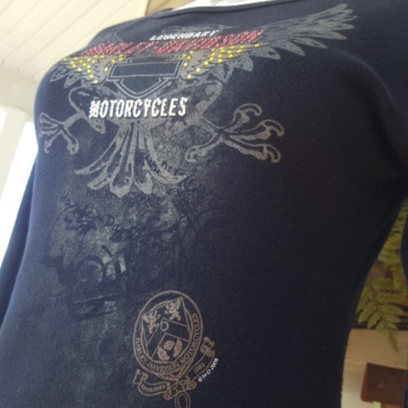 HARLEY-DAVIDSON ♡ Black Long Sleeve Red 'n Gold Embellished Legendary H-D Top S - Picture 8 of 17